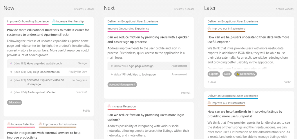 The idea pipeline on ProdPad's product roadmap feature