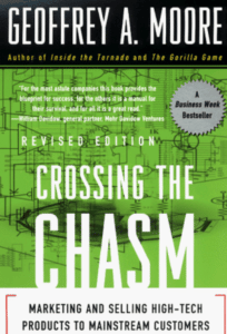 Cover of Crossing The Chasm by Geoffrey A. Moore, a contender for the best book on lean product development.