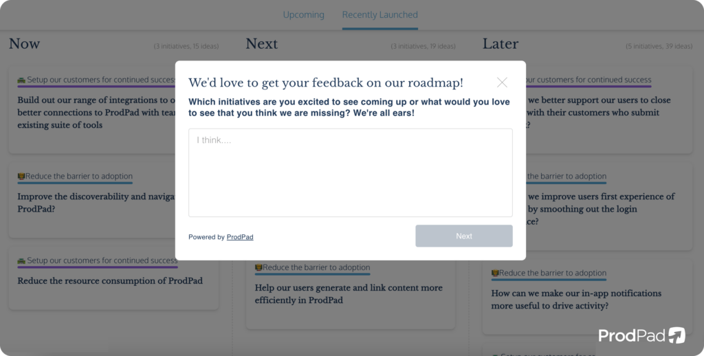 The feedback widget from ProdPad as seen on the ProdPad public roadmap