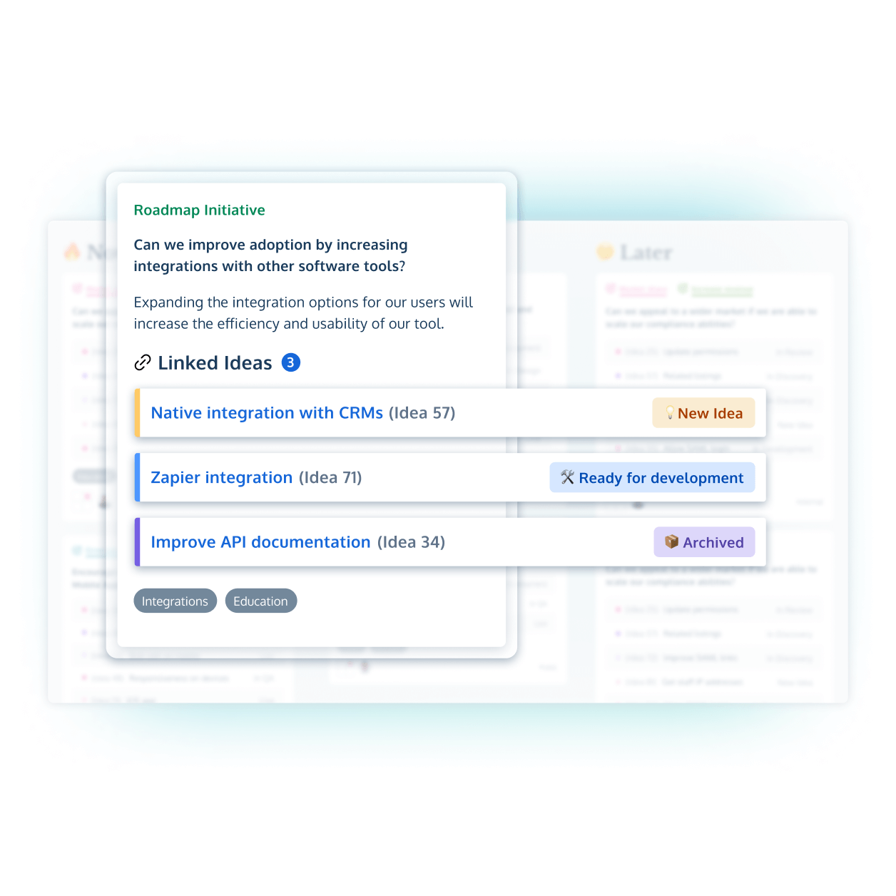 A product roadmap initiative card in prodpad product management software