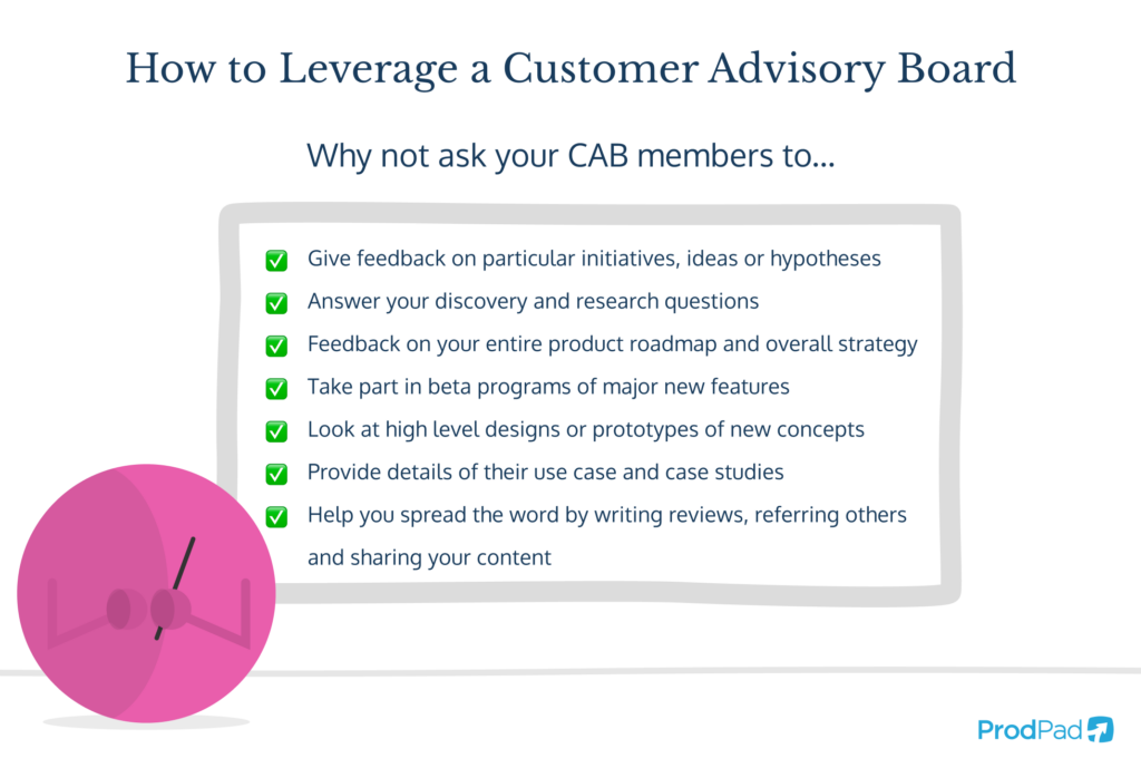 Infographic showing how a Product Manager can leverage a Customer Advisory Board to help them improve their product and grow their market share