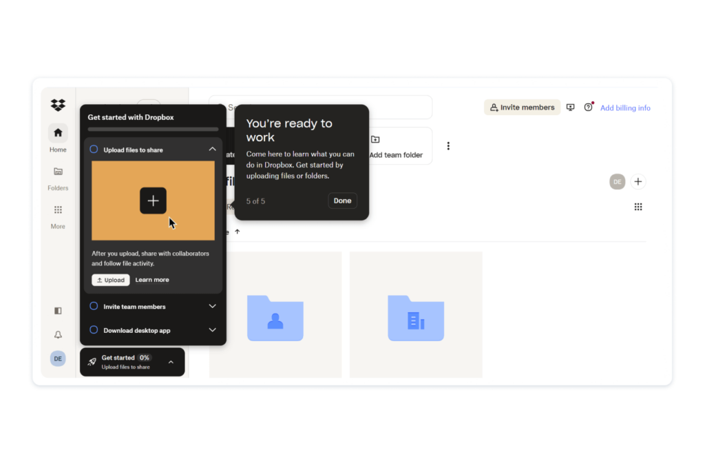 Screenshot of Dropbox product tour to improve User Activation