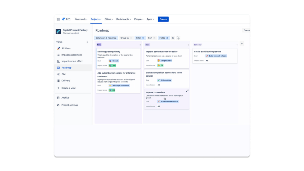 A shot from Jira Product Discovery one of the best product roadmap tools