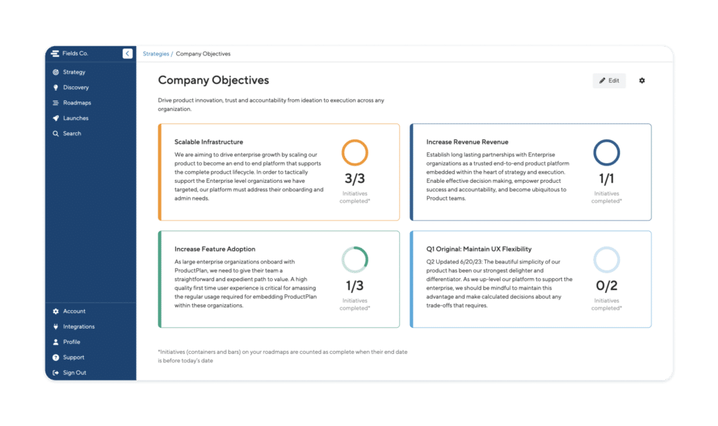 A shot of the objectives tool in ProductPlan software