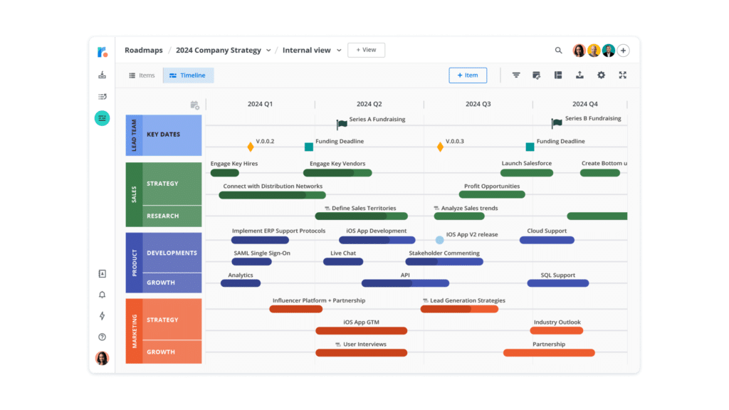 A shot of a product roadmap in Roadmunk product software