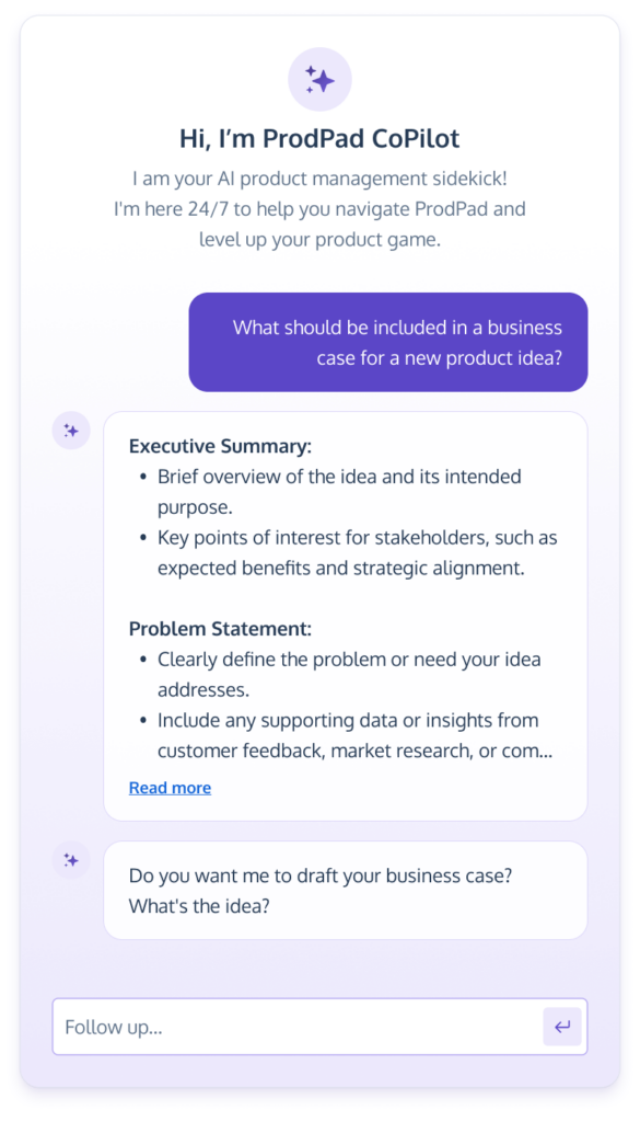 An image of ProdPad CoPilot for Product Managers showing the chat interface with this AI agent