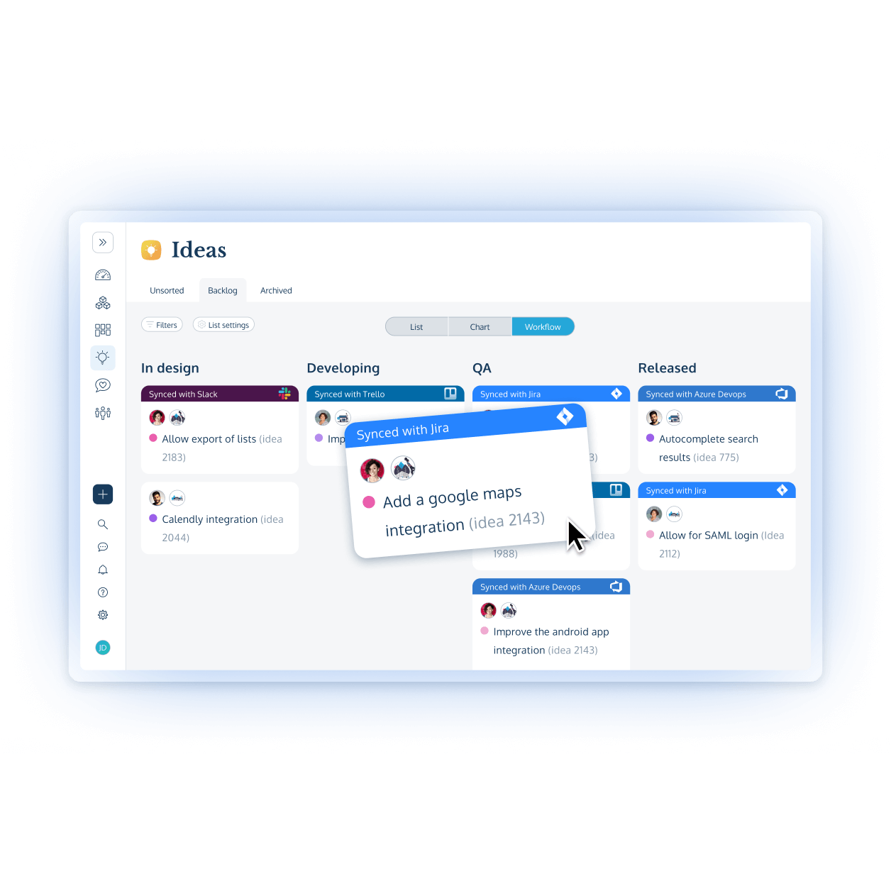 ProdPad's product management workflow tool using two ways syncs with development tools.